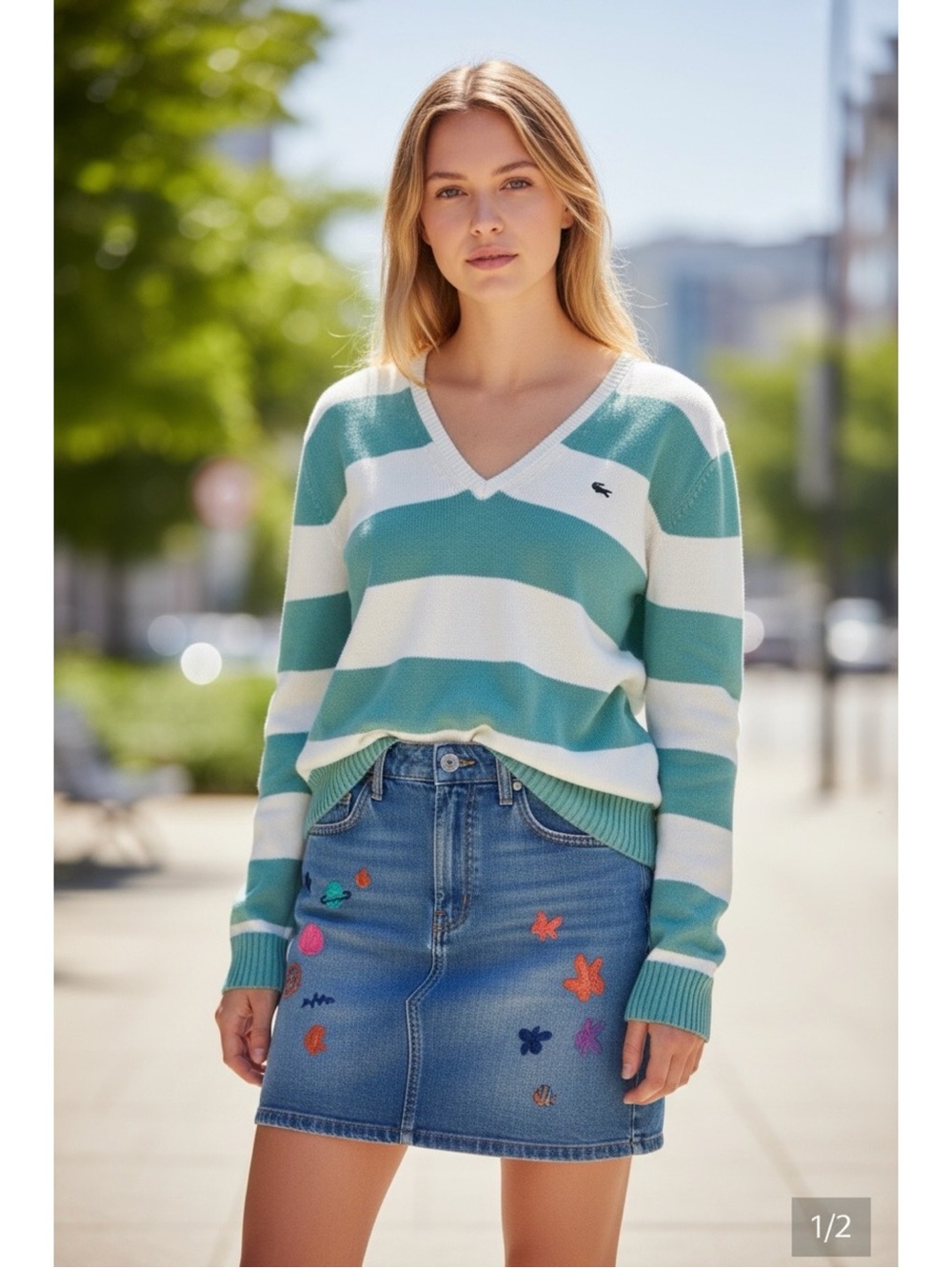 Vtg 80s Lacoste France Striped V-Neck Cotton Coastal Sweater Seafoam & White 8